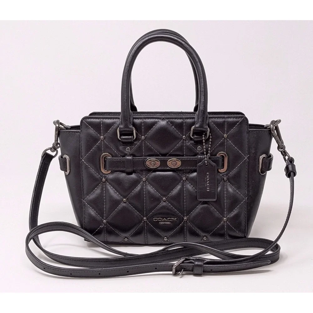 Coach Mini Blake Crossbody Satchel Studded Diamond Quilted Black Leather Bag